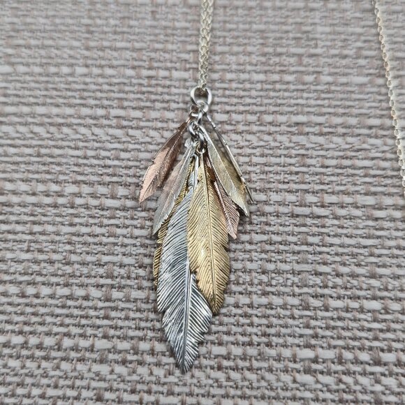 32 Inch Sterling Silver Gold Copper Several Feathers Necklace A6369 - Picture 3 of 6